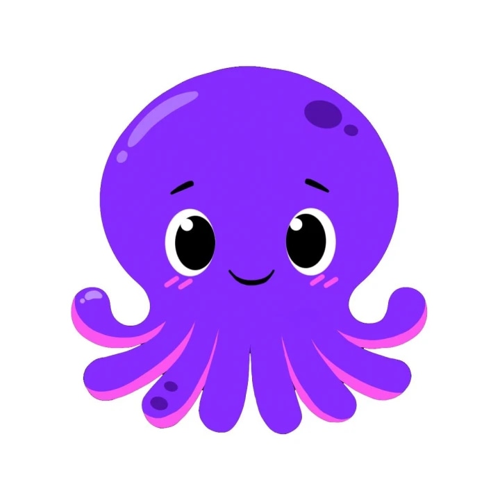 Cute purple cartoon octopus with big eyes and a smiling face.