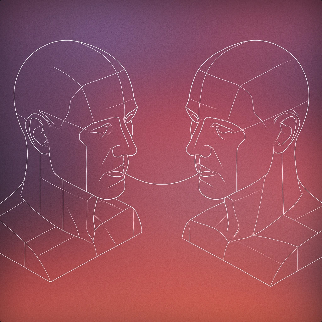 Cover of two stylized human heads facing each other with a single, simple curved line connecting their mouths for Communication sound effects
