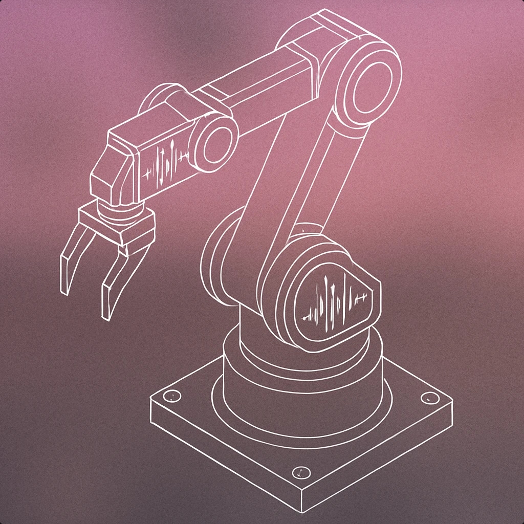 Cover of industrial robotic arm with a stylized soundwave pattern integrated into its structure for Machinery sound effects