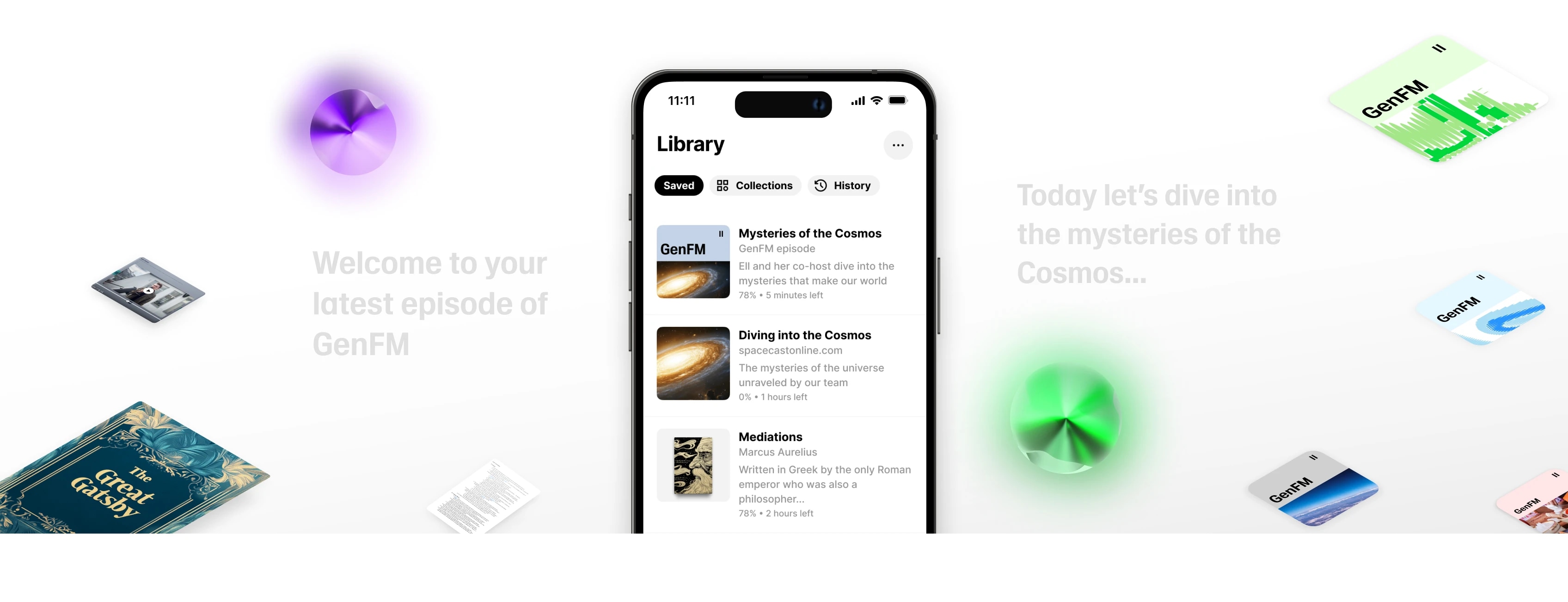A smartphone displaying a library app with podcast episodes about the cosmos, surrounded by floating books and colorful abstract shapes.