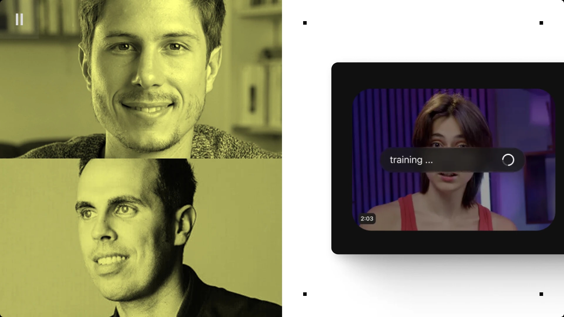 Two men smiling in a split-screen image on the left, and a woman with short hair and a red top on the right with a "training..." overlay on her video.