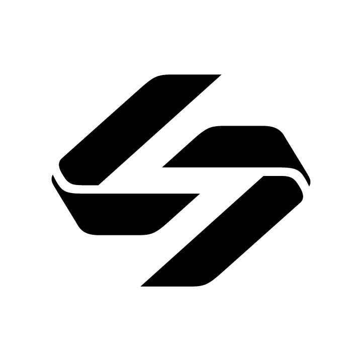 Black and white abstract geometric logo with interlocking shapes.